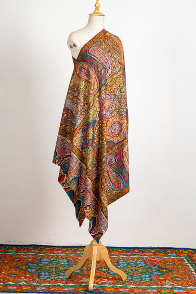 Kalamkari: Golden Bloom Pure Pashmina Hand-Embroidered Sozni Shawl