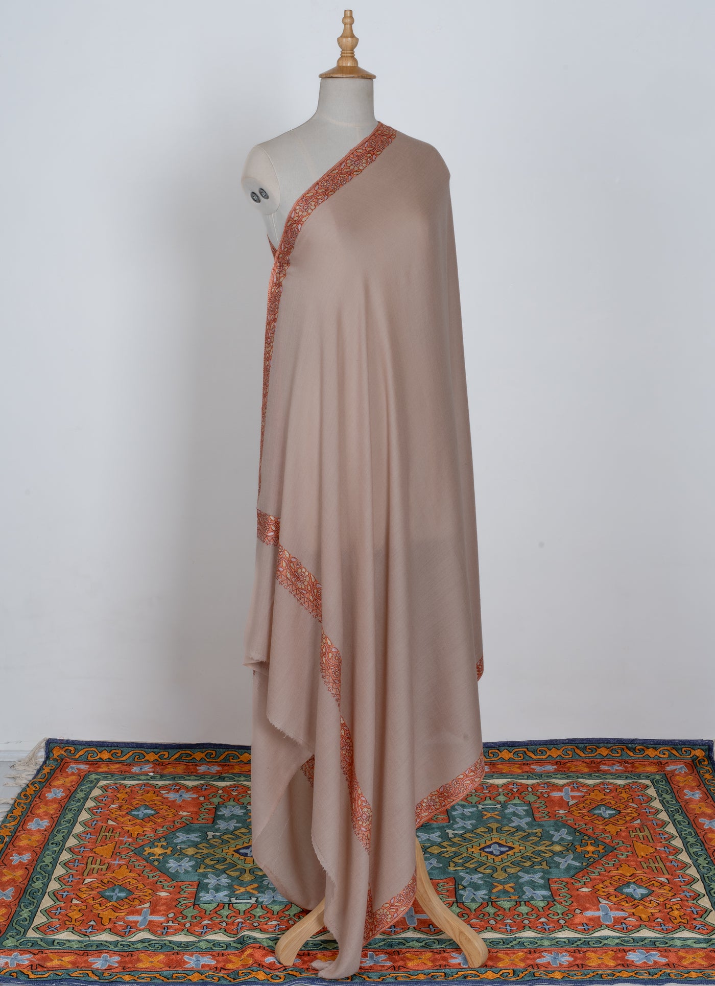2.5 Yards | Gul-e-Narm — Sozni Hand-Embroidered Shawl in Beige with Rust & Ivory Borders