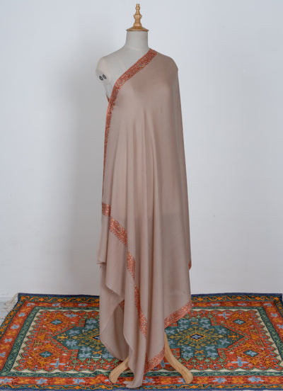 2.5 Yards | Gul-e-Narm — Sozni Hand-Embroidered Shawl in Beige with Rust & Ivory Borders