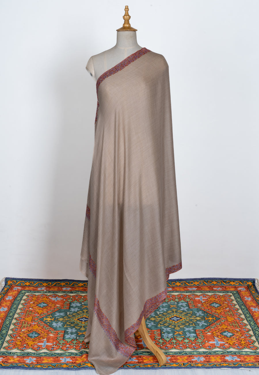 2.5 Yards | Guldaan-e-Noor — Sozni Hand-Embroidered Shawl in Beige with Multicolor Floral Borders
