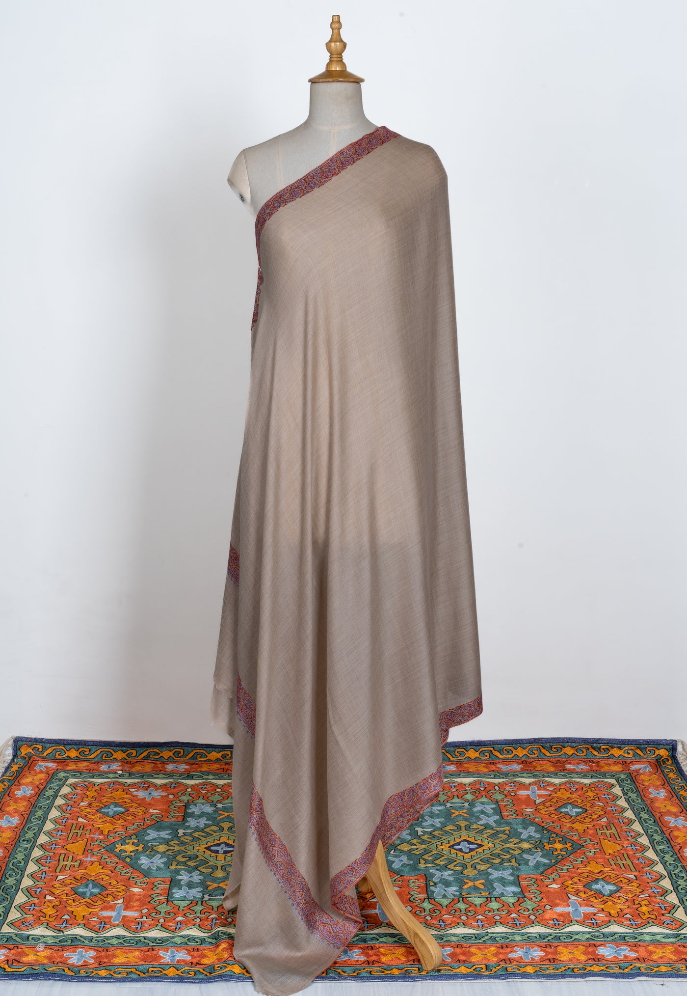 2.5 Yards | Guldaan-e-Noor — Sozni Hand-Embroidered Shawl in Beige with Multicolor Floral Borders