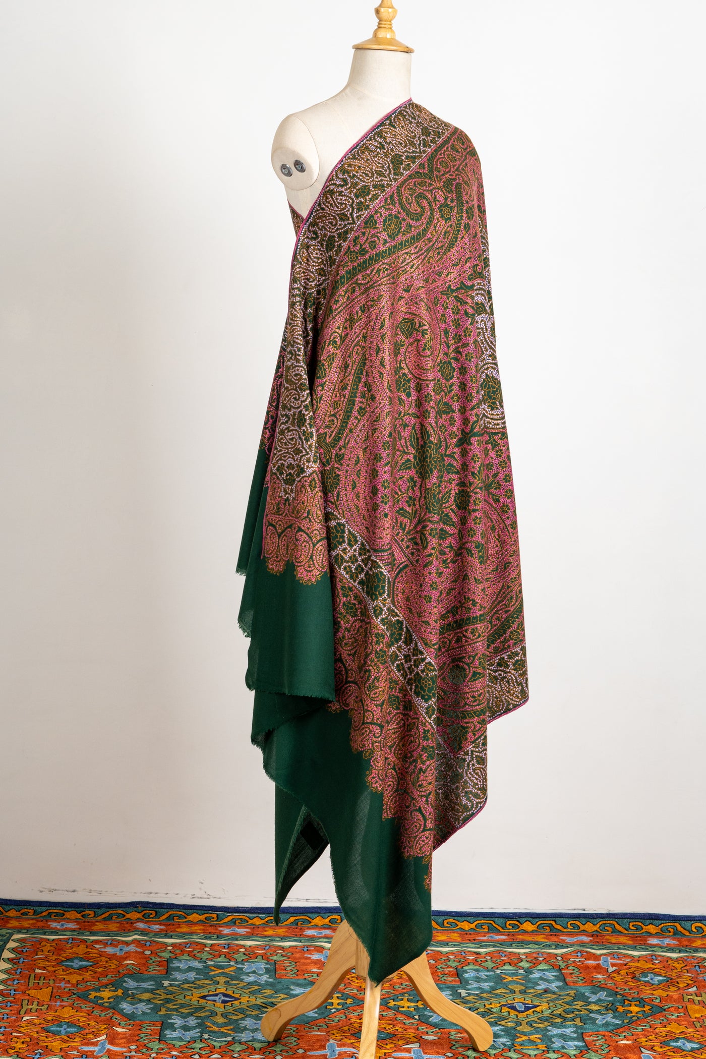 Forest Hues Finest Merino wool Hand-Embroidered Sozni Shawl