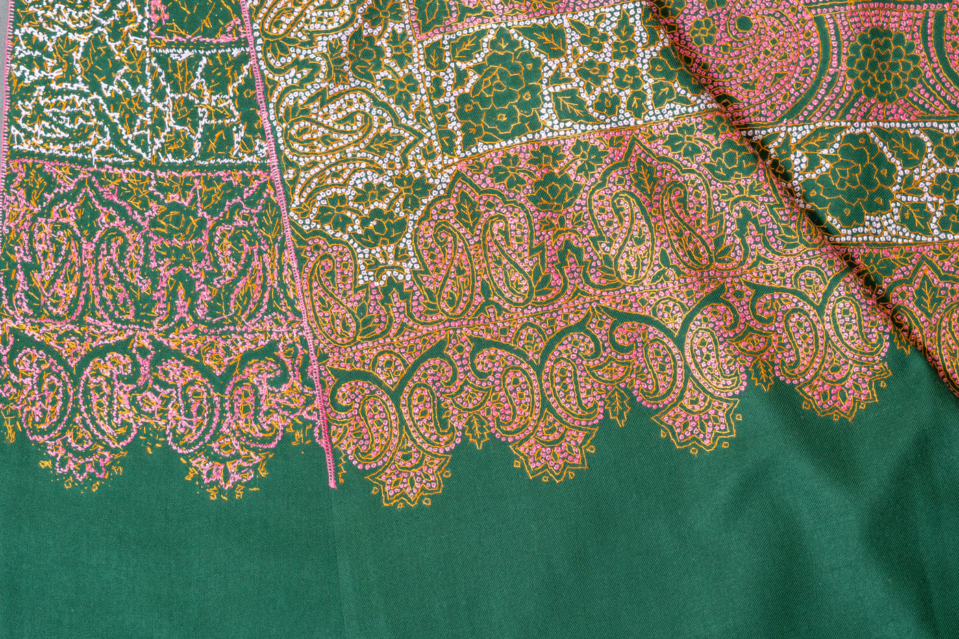 Forest Hues Finest Merino wool Hand-Embroidered Sozni Shawl