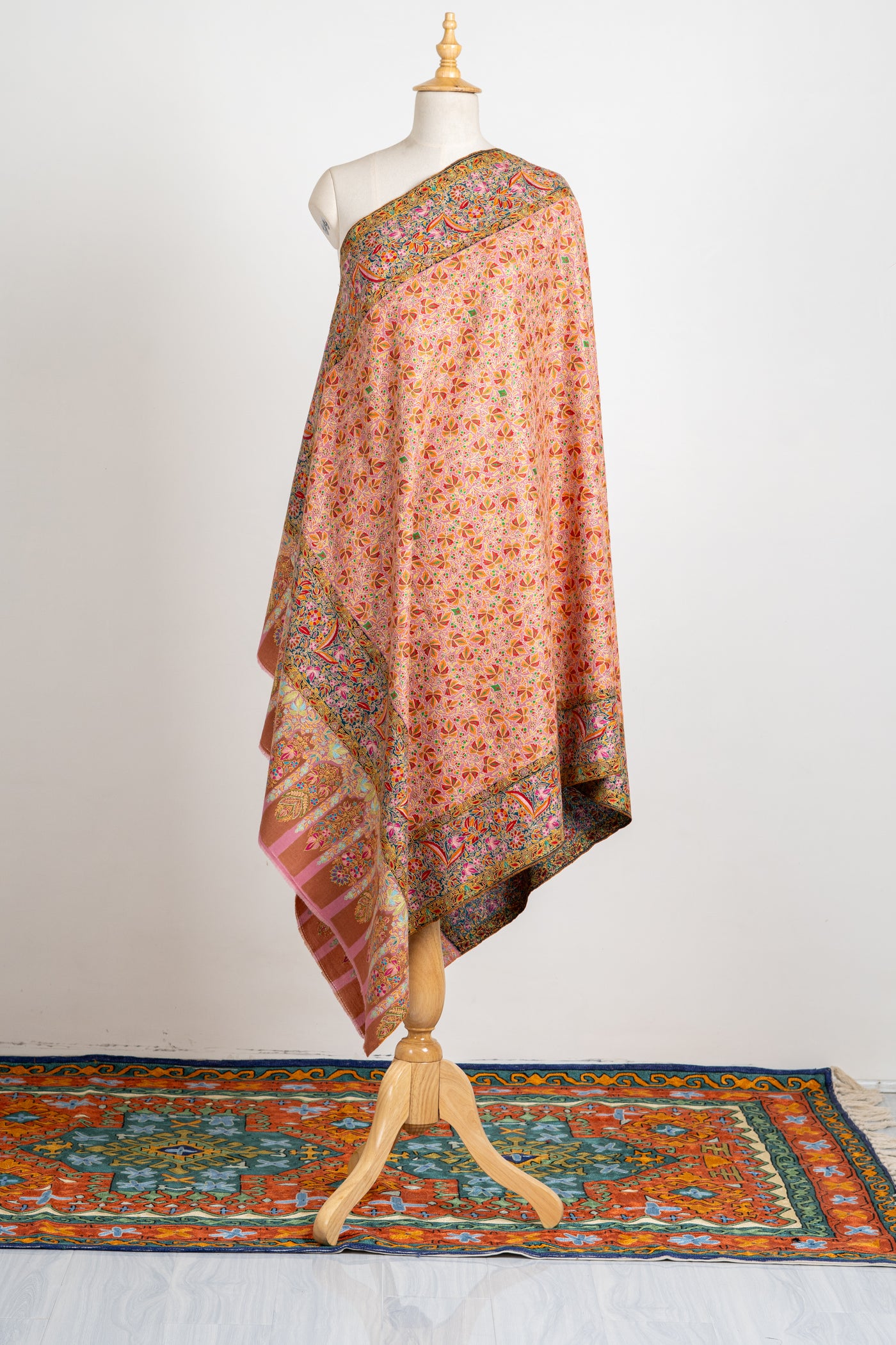 Kalamkari: Blushing Charm Pure Pashmina Hand-Embroidered Sozni Shawl