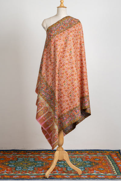 Kalamkari: Blushing Charm Pure Pashmina Hand-Embroidered Sozni Shawl