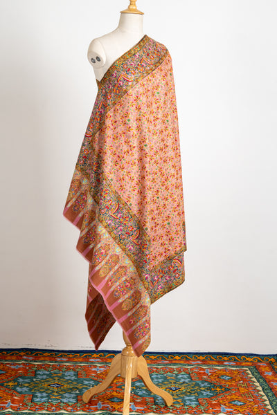 Kalamkari: Blushing Charm Pure Pashmina Hand-Embroidered Sozni Shawl