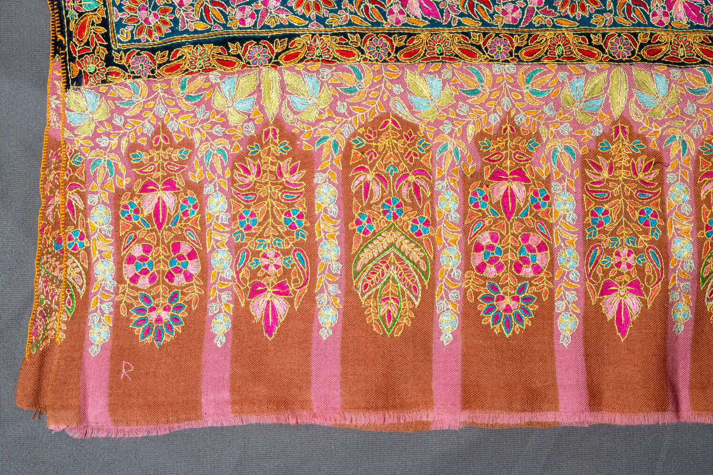 Kalamkari: Blushing Charm Pure Pashmina Hand-Embroidered Sozni Shawl