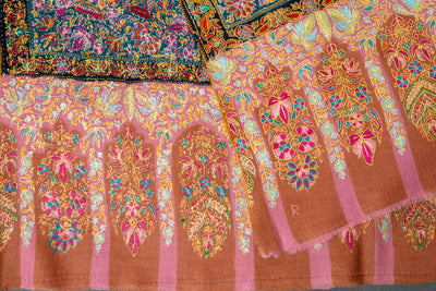 Kalamkari: Blushing Charm Pure Pashmina Hand-Embroidered Sozni Shawl