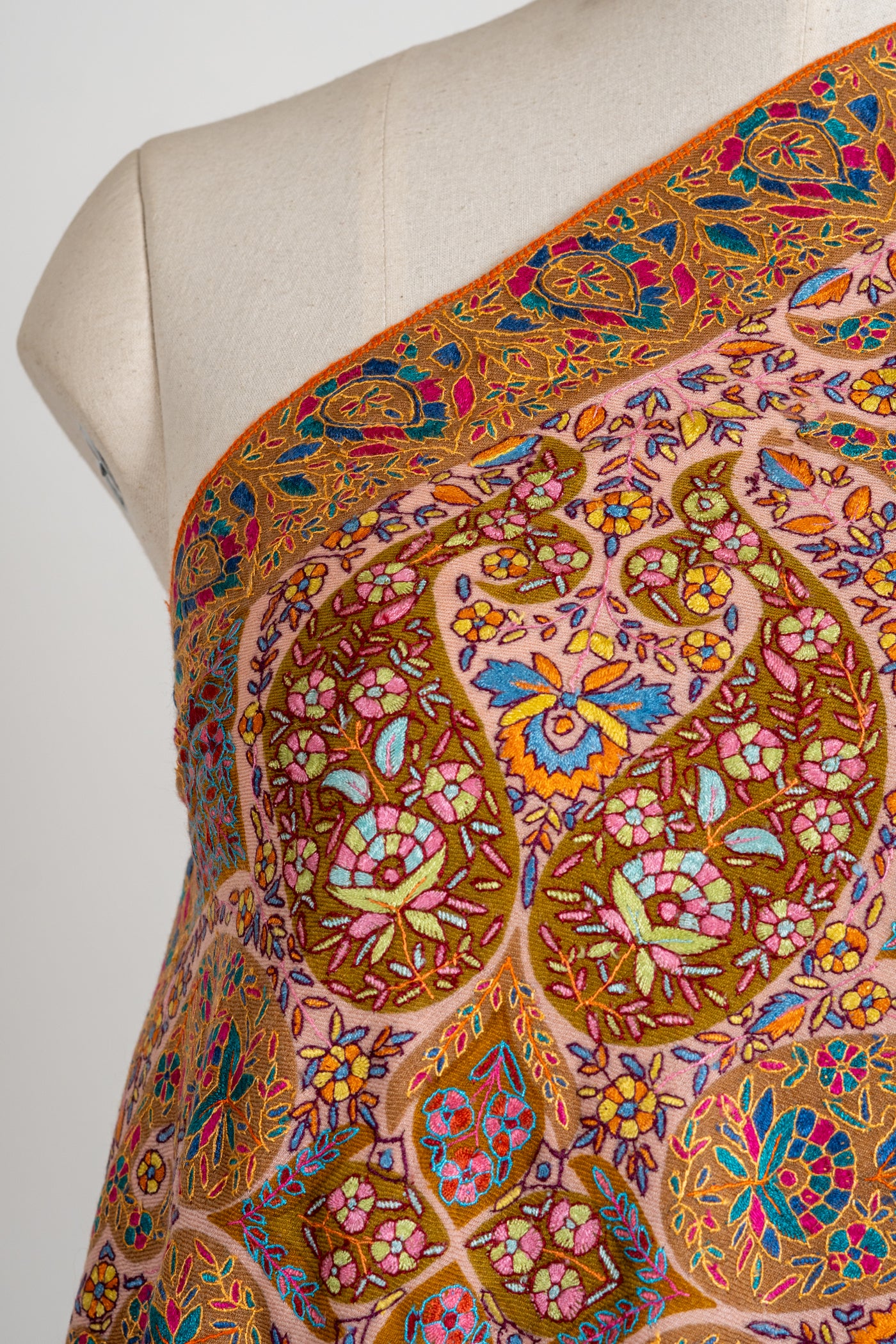 Kalamkari: Golden Vineyard Pure Pashmina Hand-Embroidered Sozni Shawl