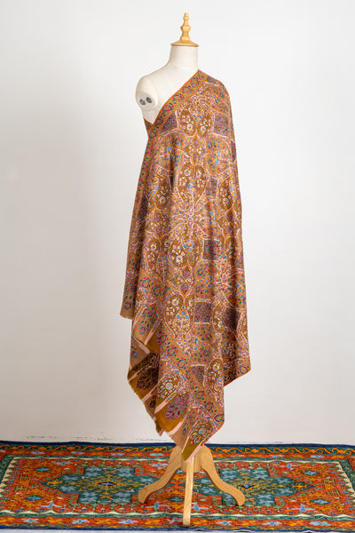 Kalamkari: Golden Vineyard Pure Pashmina Hand-Embroidered Sozni Shawl