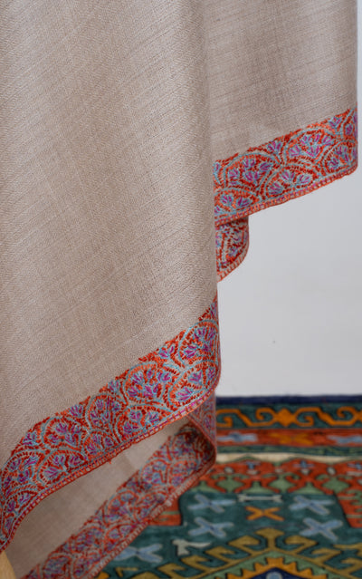 2.5 Yards | Guldaan-e-Noor — Sozni Hand-Embroidered Shawl in Beige with Multicolor Floral Borders