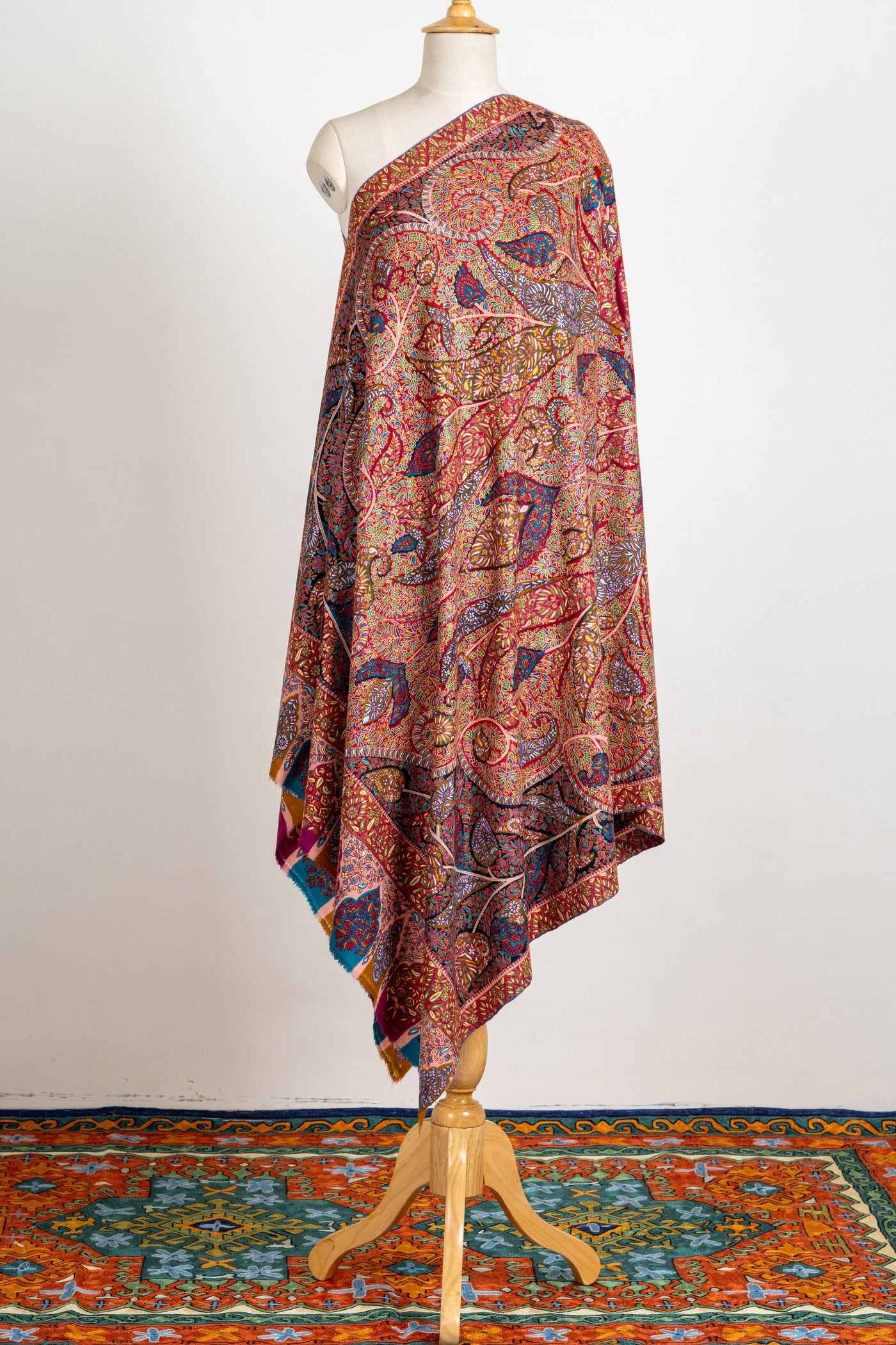 Kalamkari: Ruby Cascade Pure Pashmina Hand-Embroidered Sozni Shawl