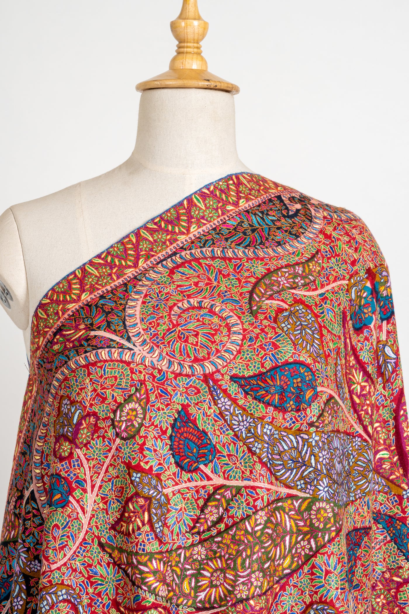 Kalamkari: Ruby Cascade Pure Pashmina Hand-Embroidered Sozni Shawl