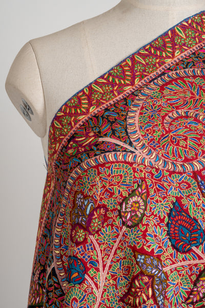 Kalamkari: Ruby Cascade Pure Pashmina Hand-Embroidered Sozni Shawl