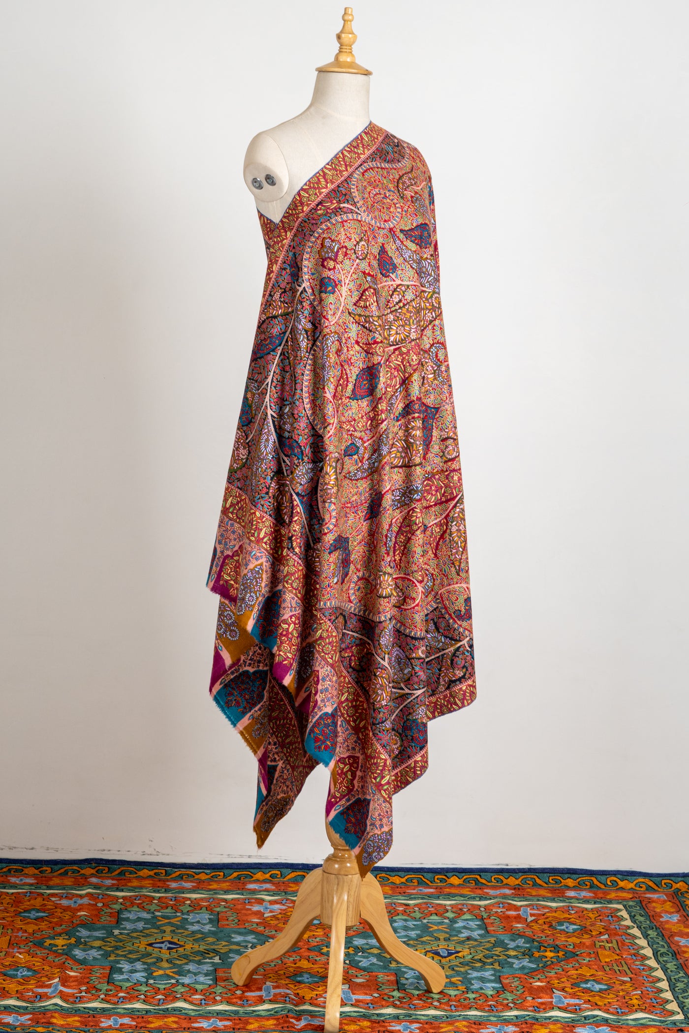 Kalamkari: Ruby Cascade Pure Pashmina Hand-Embroidered Sozni Shawl