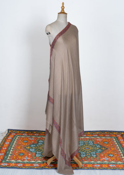 2.5 Yards | Guldaan-e-Noor — Sozni Hand-Embroidered Shawl in Beige with Multicolor Floral Borders