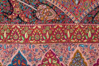 Kalamkari: Ruby Cascade Pure Pashmina Hand-Embroidered Sozni Shawl