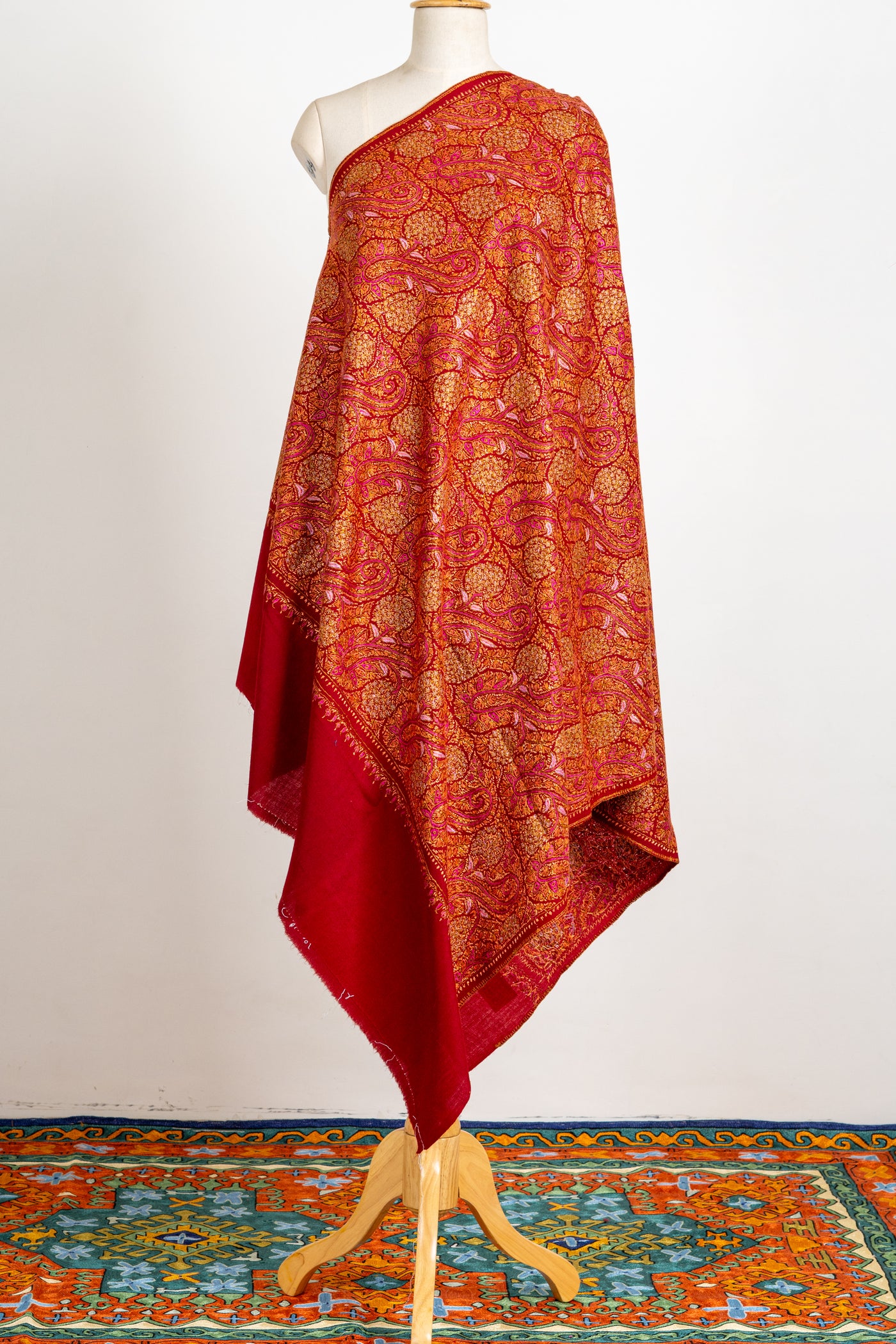 Crimson Splendor Finest Merino Wool Hand-Embroidered Sozni Shawl