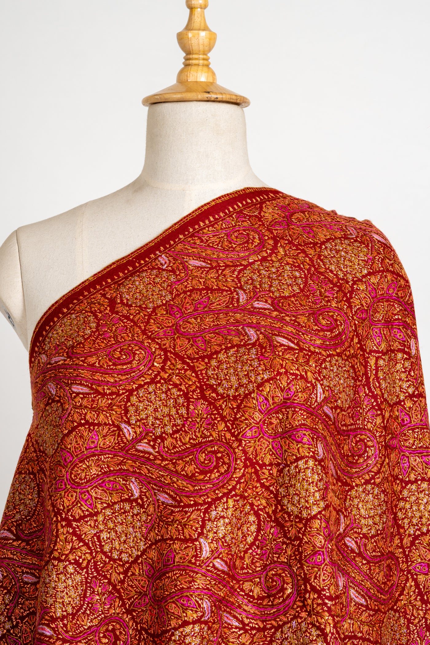 Crimson Splendor Finest Merino Wool Hand-Embroidered Sozni Shawl