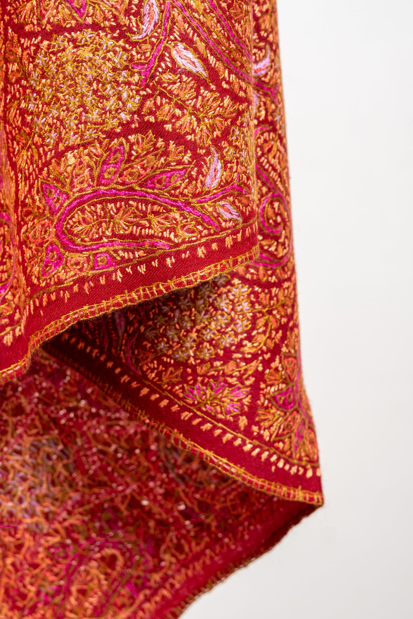 Crimson Splendor Finest Merino Wool Hand-Embroidered Sozni Shawl