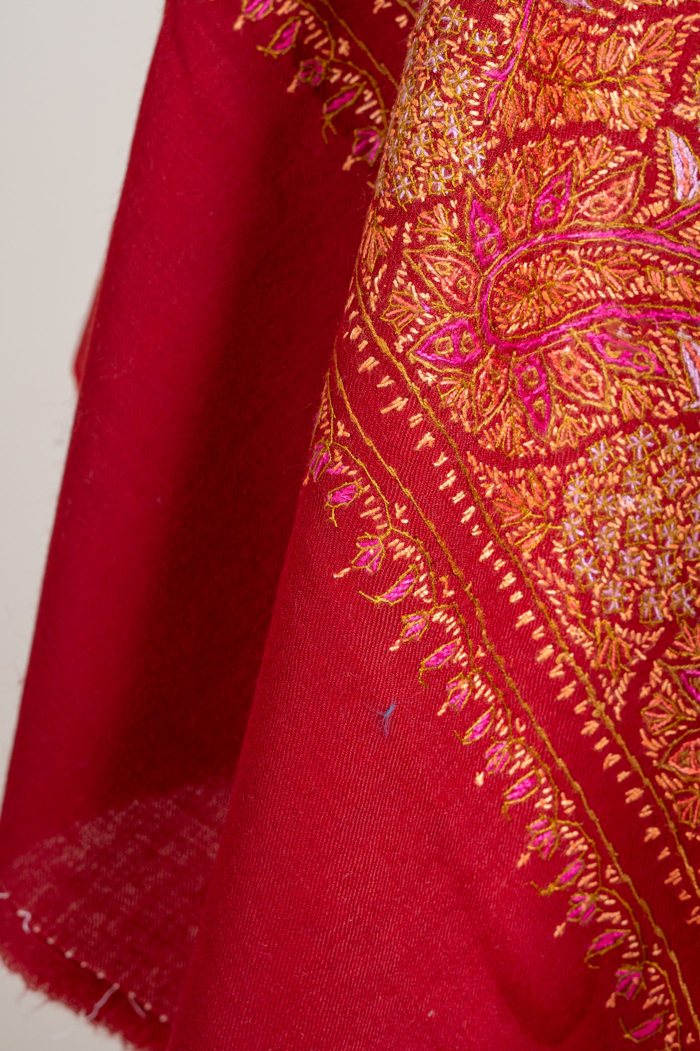 Crimson Splendor Finest Merino Wool Hand-Embroidered Sozni Shawl