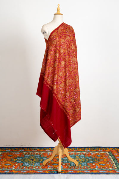 Crimson Splendor Finest Merino Wool Hand-Embroidered Sozni Shawl