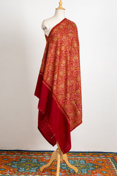 Crimson Splendor Finest Merino Wool Hand-Embroidered Sozni Shawl