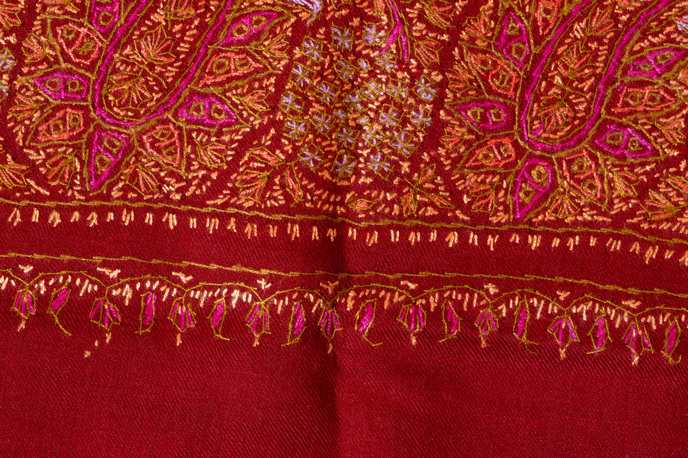 Crimson Splendor Finest Merino Wool Hand-Embroidered Sozni Shawl