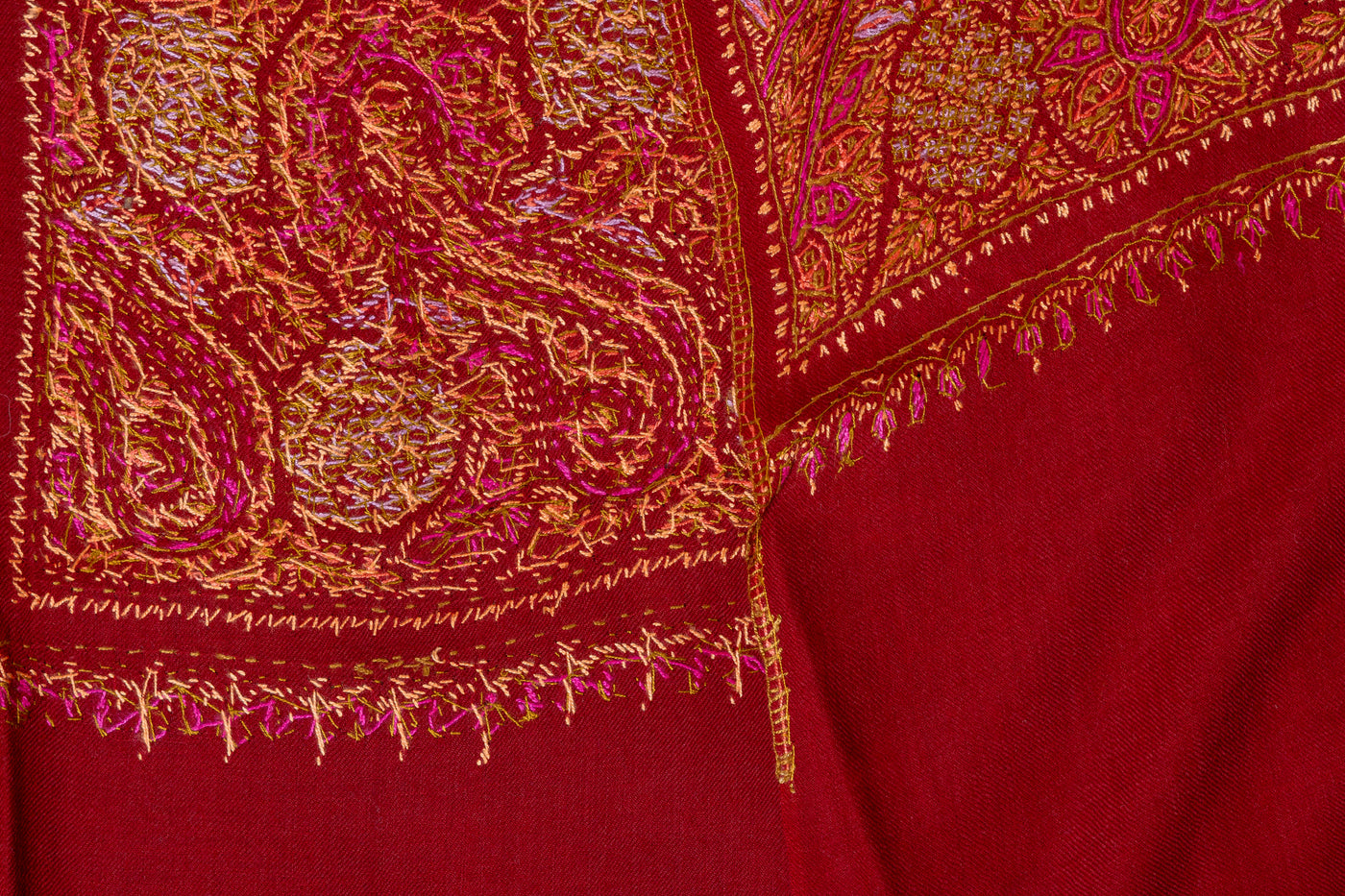 Crimson Splendor Finest Merino Wool Hand-Embroidered Sozni Shawl