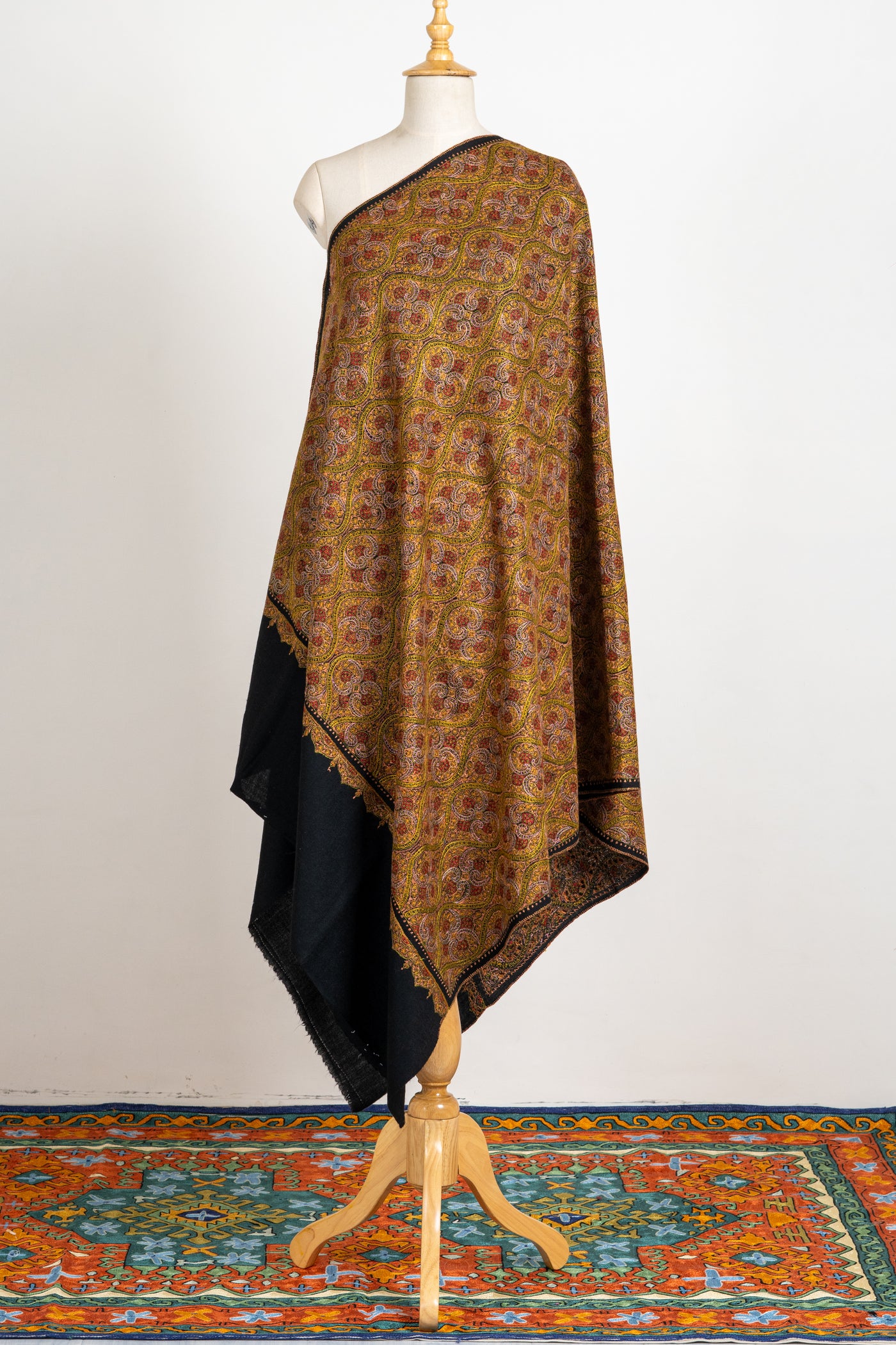 Golden Midnight Fine Merino Wool Hand-Embroidered Sozni Shawl