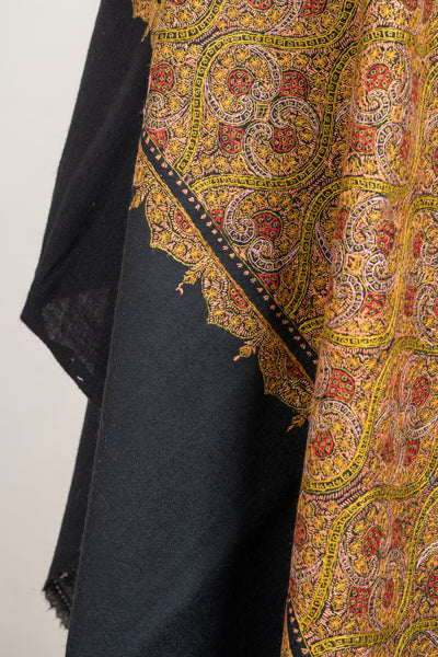 Golden Midnight Fine Merino Wool Hand-Embroidered Sozni Shawl