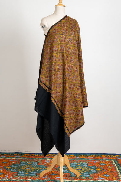 Golden Midnight Fine Merino Wool Hand-Embroidered Sozni Shawl