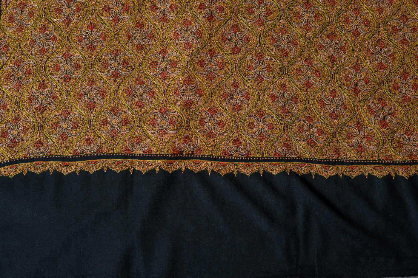 Golden Midnight Fine Merino Wool Hand-Embroidered Sozni Shawl