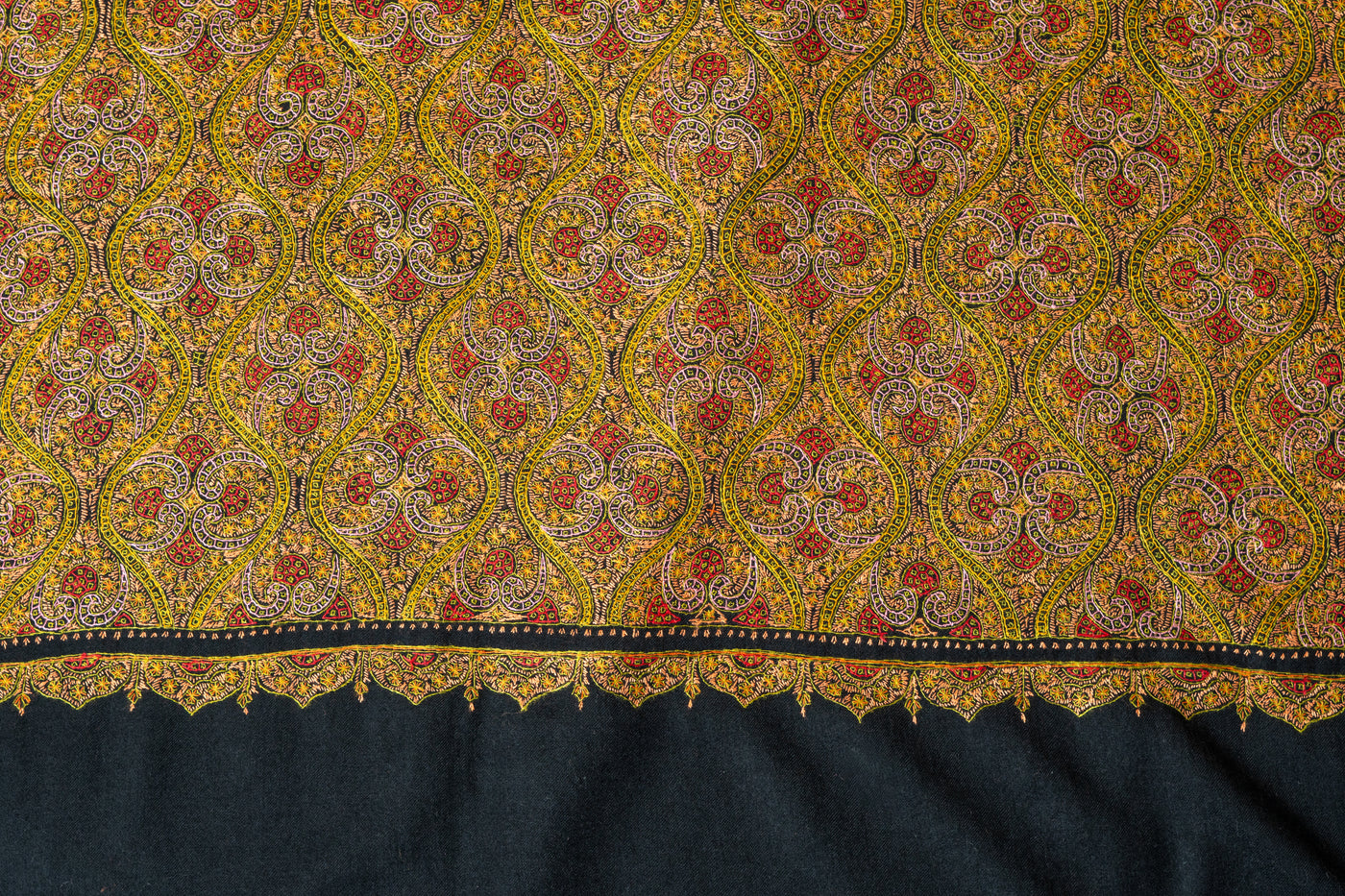 Golden Midnight Fine Merino Wool Hand-Embroidered Sozni Shawl