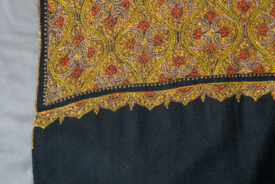 Golden Midnight Fine Merino Wool Hand-Embroidered Sozni Shawl