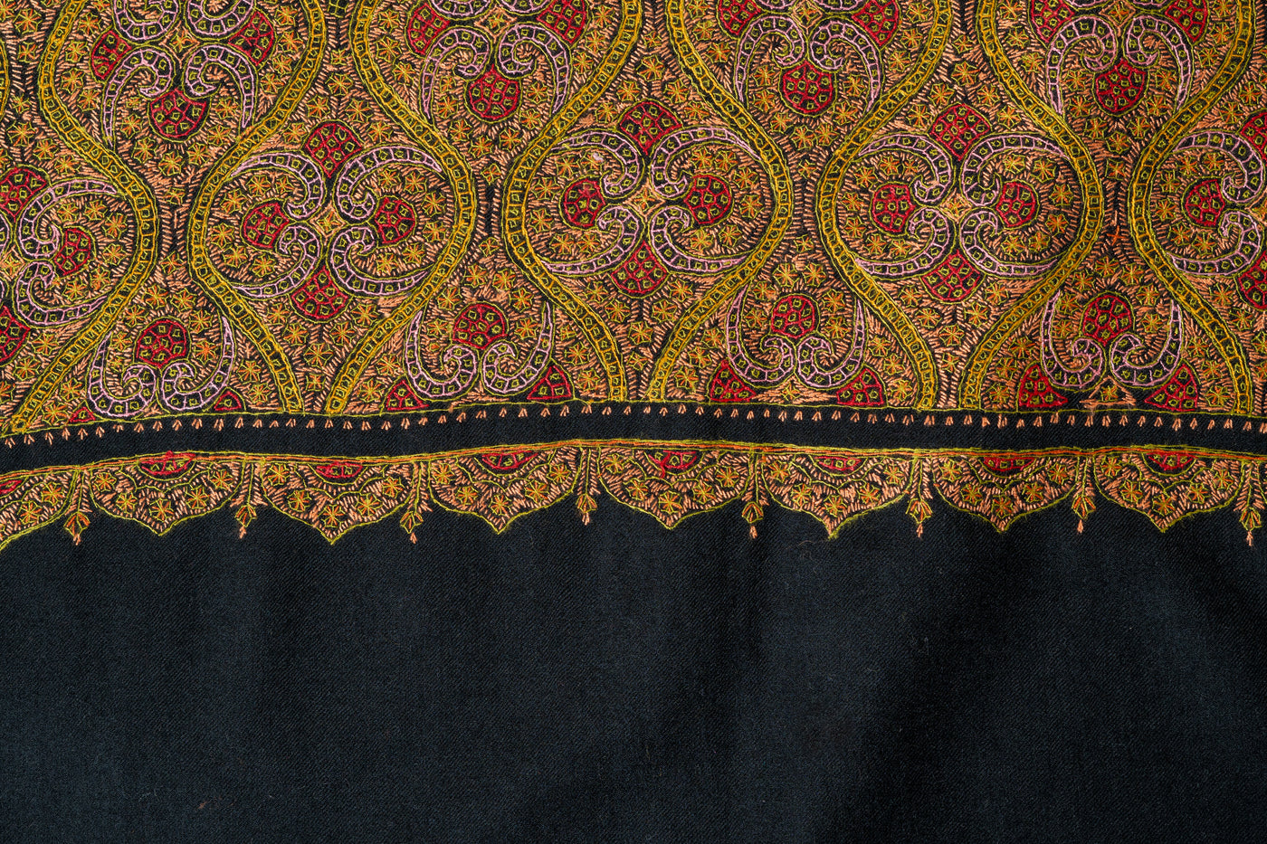 Golden Midnight Fine Merino Wool Hand-Embroidered Sozni Shawl