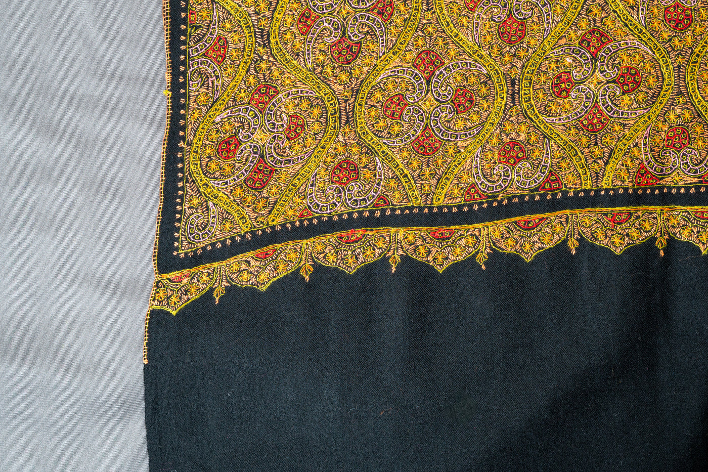 Golden Midnight Fine Merino Wool Hand-Embroidered Sozni Shawl