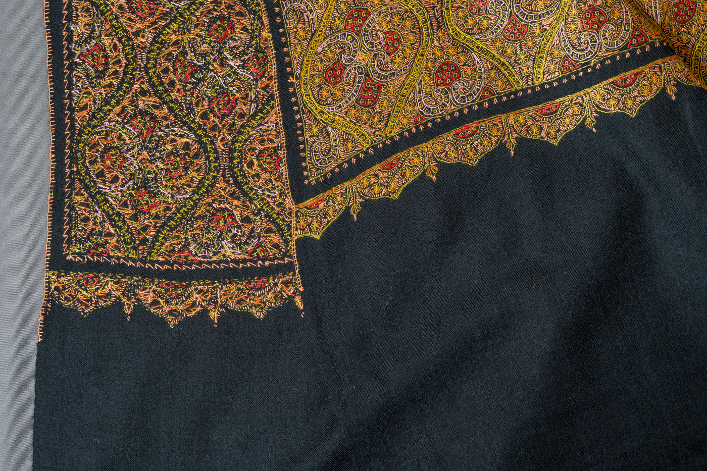 Golden Midnight Fine Merino Wool Hand-Embroidered Sozni Shawl