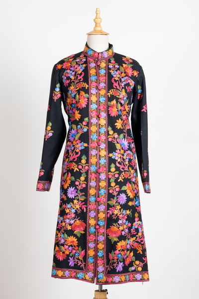 Floral Elegance: Long Aari Embroidered Merino Wool Jacket