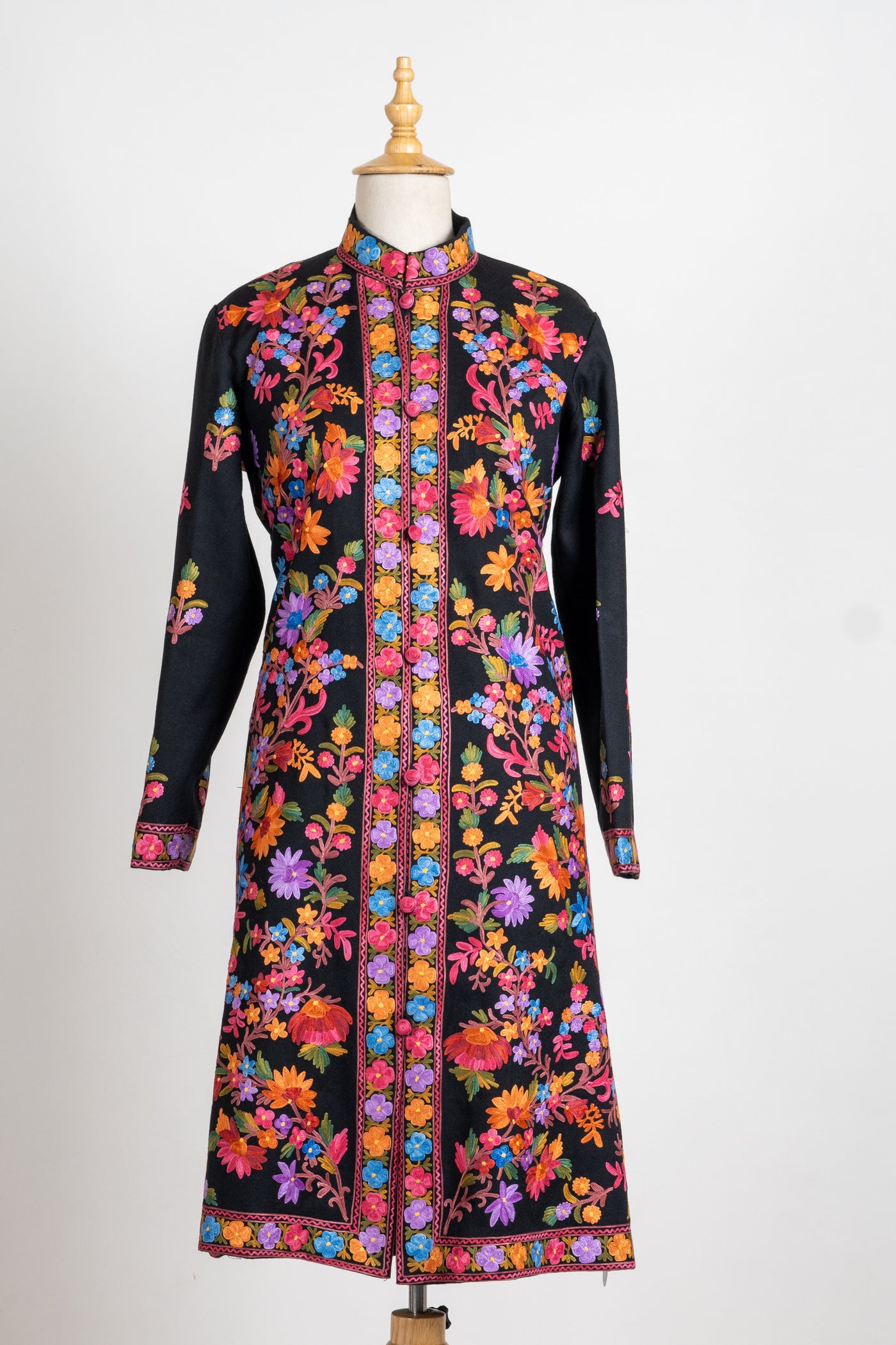 Floral Elegance: Long Aari Embroidered Merino Wool Jacket