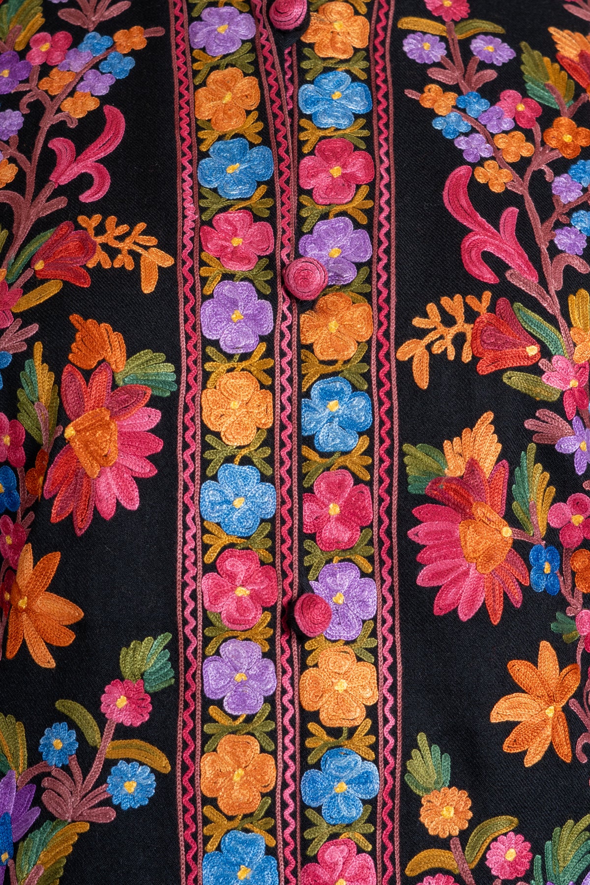 Close-up of the black jacket’s buttoned opening bordered by pink, orange, blue and purple embroidered flowers.