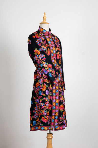 Floral Elegance: Long Aari Embroidered Merino Wool Jacket