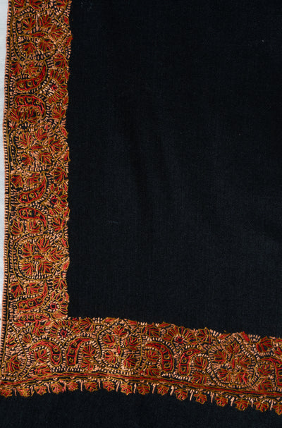 2.5 Yards | Siyah-e-Gulzar — Sozni Hand-Embroidered Shawl in Midnight Black with Rust & Olive Floral Border