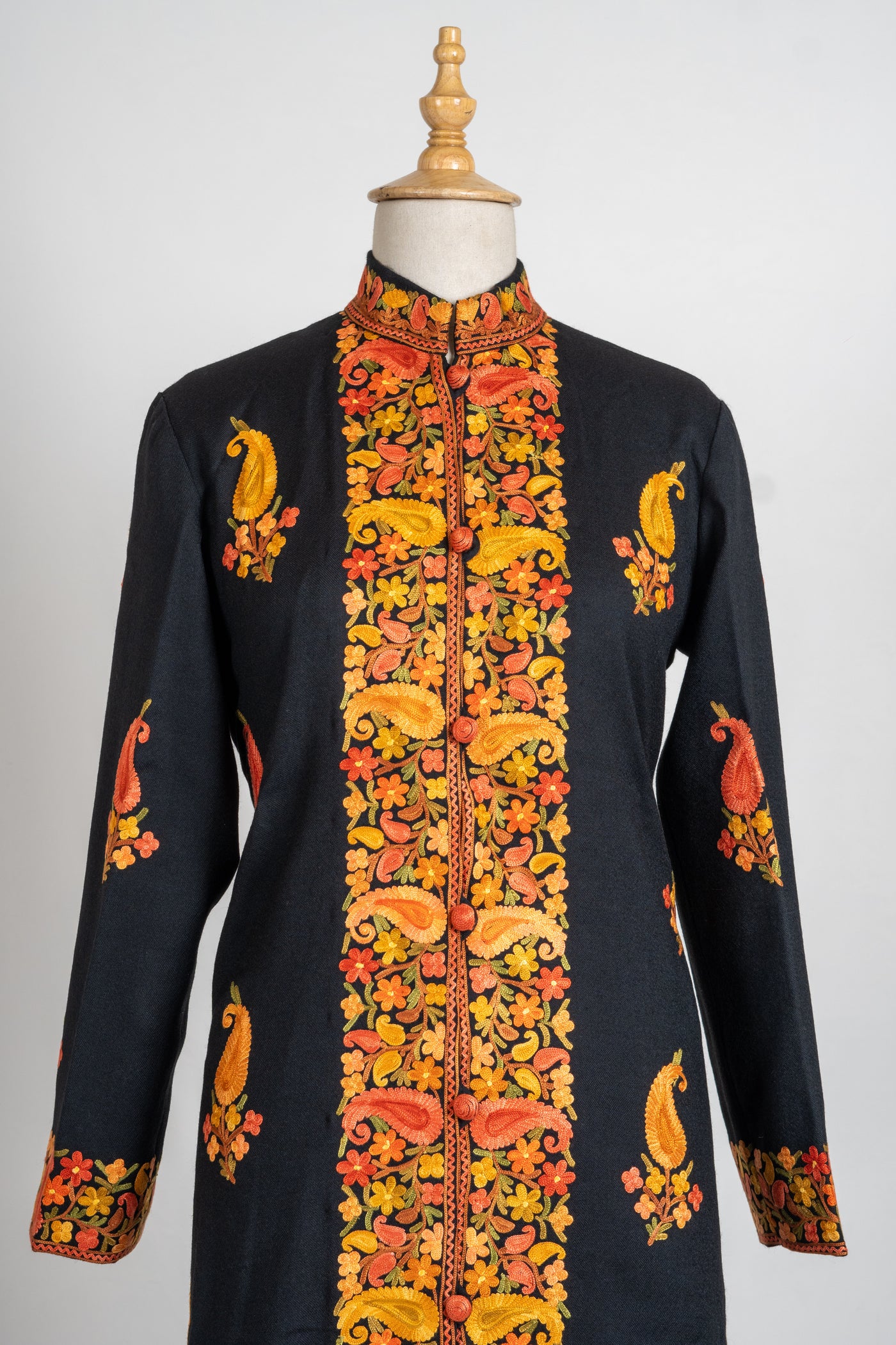 Golden Glow: Long Aari Embroidered Merino Wool Jacket with Paisley Design