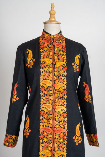 Golden Glow: Long Aari Embroidered Merino Wool Jacket with Paisley Design