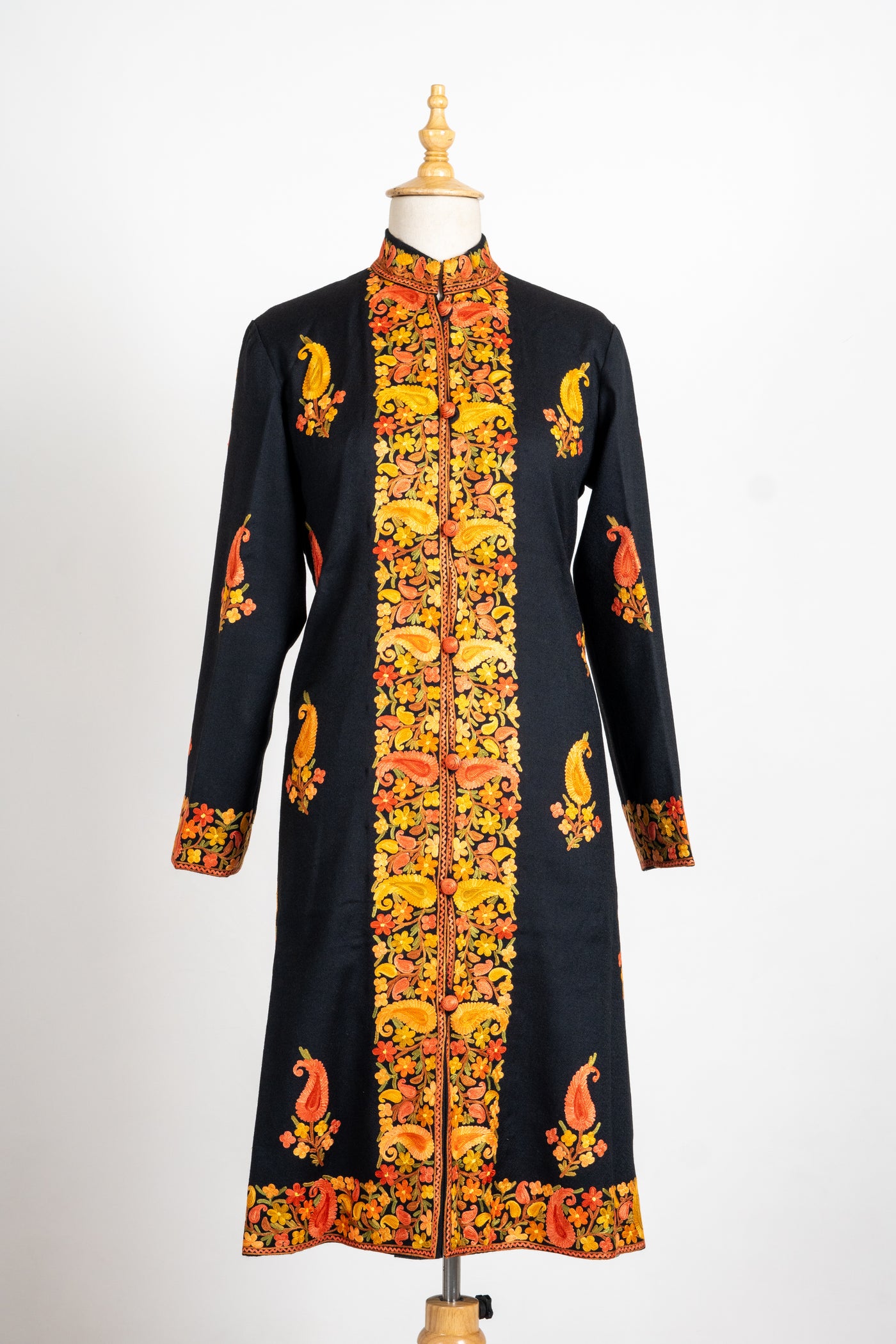 Golden Glow: Long Aari Embroidered Merino Wool Jacket with Paisley Design