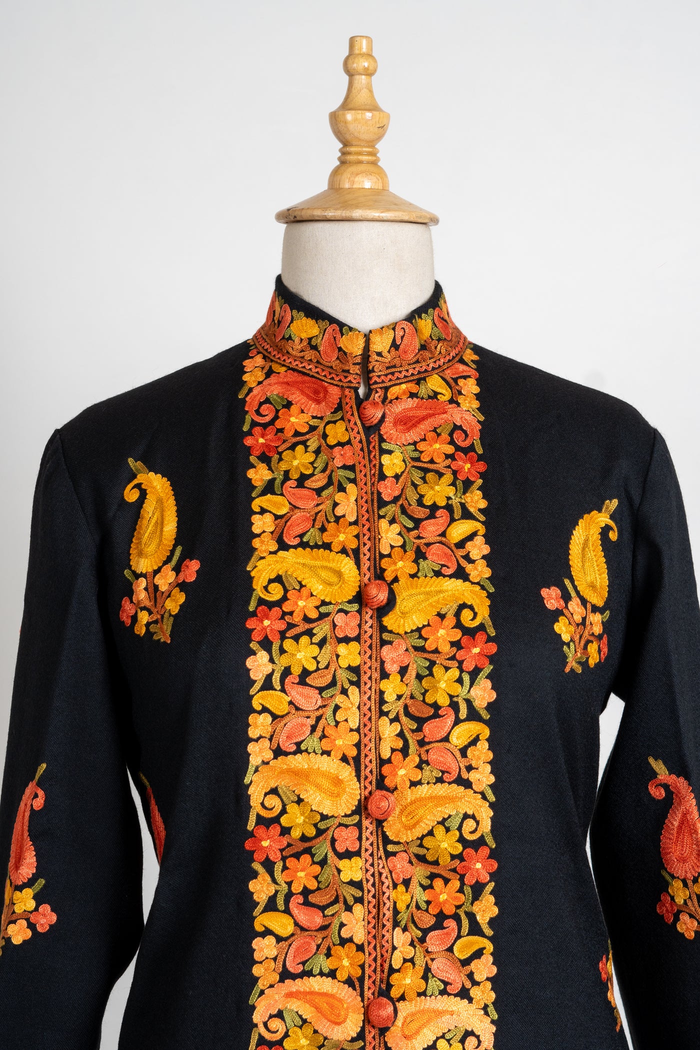 Golden Glow: Long Aari Embroidered Merino Wool Jacket with Paisley Design