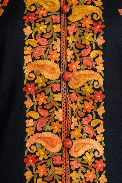 Golden Glow: Long Aari Embroidered Merino Wool Jacket with Paisley Design