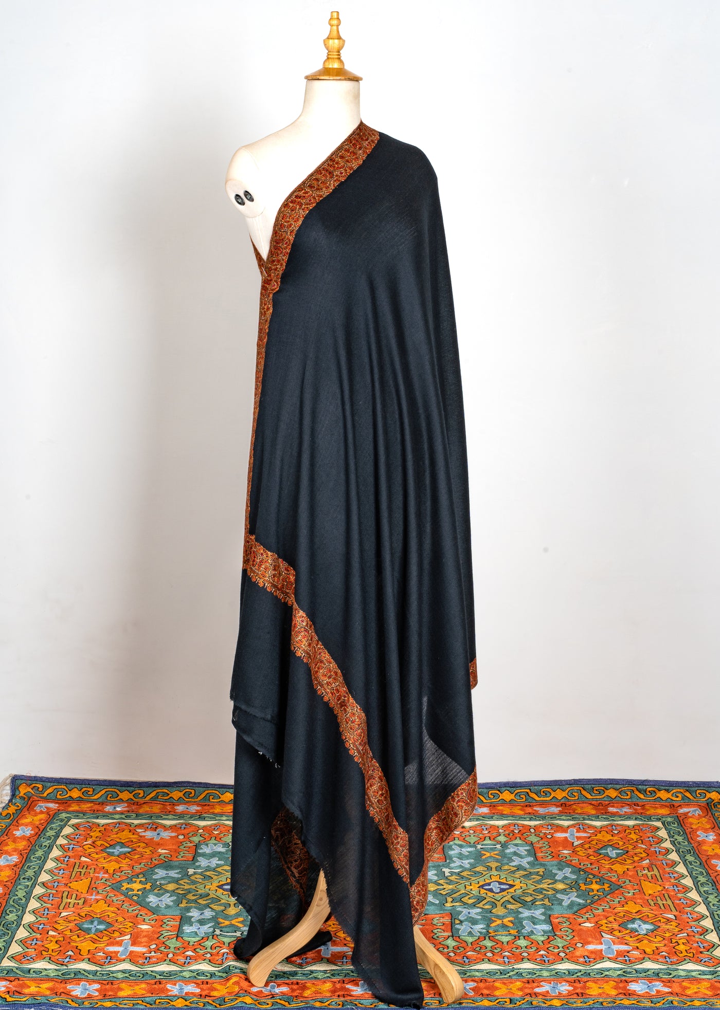 2.5 Yards | Siyah-e-Gulzar — Sozni Hand-Embroidered Shawl in Midnight Black with Rust & Olive Floral Border