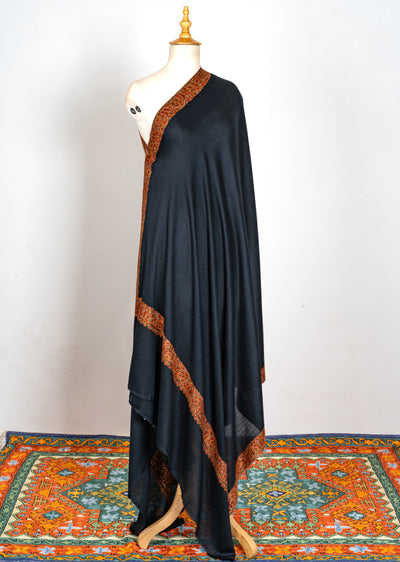 2.5 Yards | Siyah-e-Gulzar — Sozni Hand-Embroidered Shawl in Midnight Black with Rust & Olive Floral Border